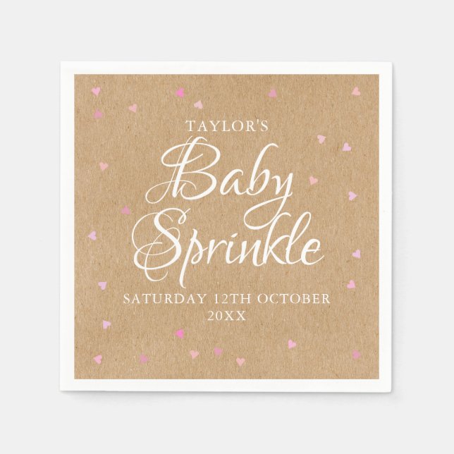 Servilleta De Papel Lluvia de bebés con corazones rosas kraft rústico (Anverso)