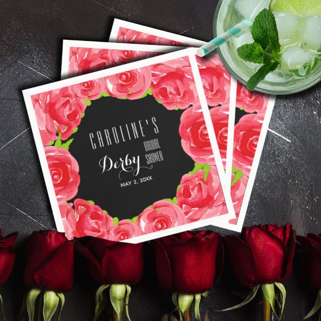 Servilleta De Papel Lluvia de flores de rosas rojas al agua Derby Brid (Watercolor Red Roses Derby-Style Bridal Shower Cocktail Napkins)