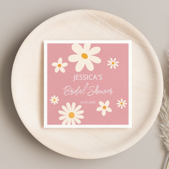 Servilleta De Papel Lluvia de flores rosa boho desierto rosa despedida (Retro daisy pink boho desert pink bridal shower monogrammed personalized printed napkins table decor)