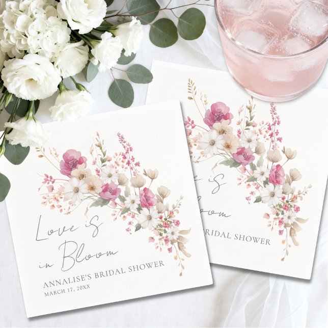 Servilleta De Papel Lluvia de Flores Rosa para Boda de Novia (Wildflower Pink Floral Bridal Shower Napkins)