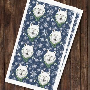 Servilleta De Papel Lobo Ártico Blanco Místico Flor de Invierno Azul