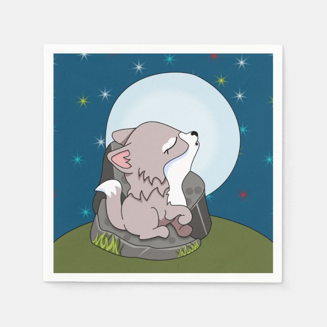 Servilleta De Papel Lobo bebé aullando a una luna (Anverso)