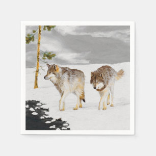 Servilleta De Papel Lobos en pintura de nieve - Arte de vida salvaje o