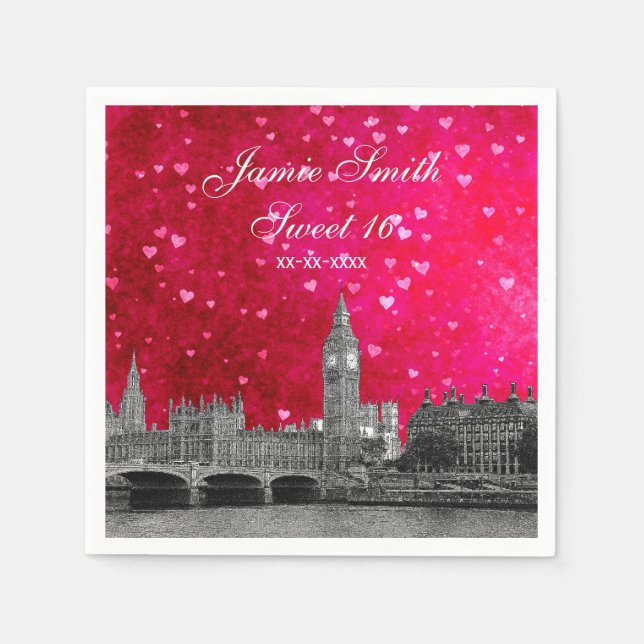 Servilleta De Papel Londres Reino Unido Skyline Hot Pink Red Heart Swe (Anverso)