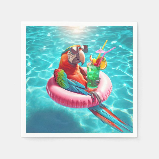 Servilleta De Papel Loro flotante en una piscina (Anverso)