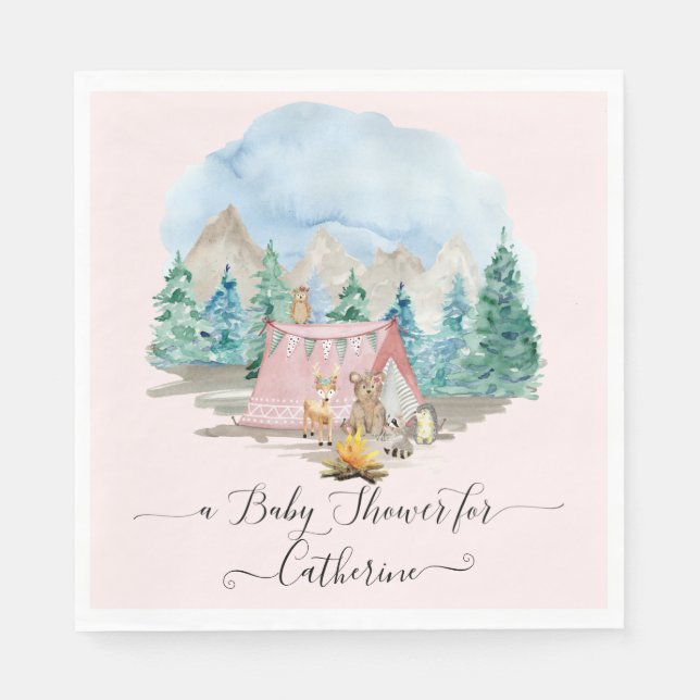 Servilleta De Papel Los animales del bosque osos de Baby Shower rosado (Anverso)
