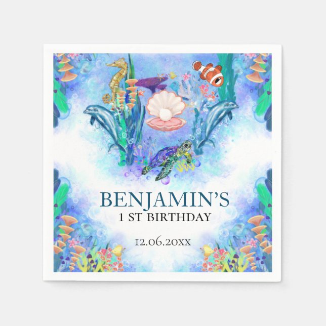 Servilleta De Papel Los animales del mar oceánico salvajes un cumpleañ (Anverso)