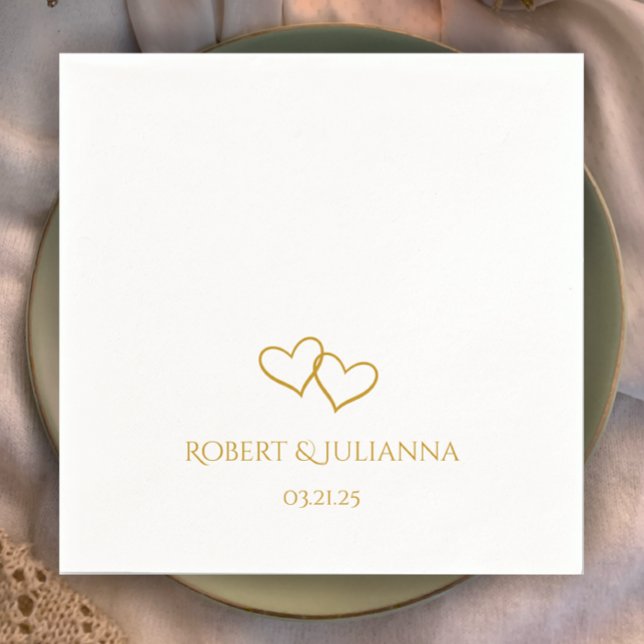 Servilleta De Papel Los nombres de la pareja son sencillos y elegantes (Add couples names. simple elegant golden hearts. Stylish modern personalized wedding napkins.
)