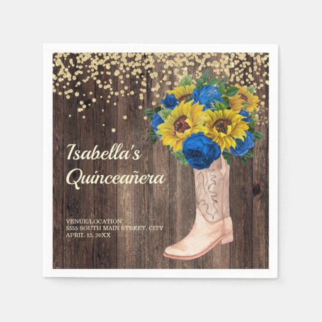 Servilleta De Papel Los Rosas rusos del azul del girasol boots Quincea (Anverso)