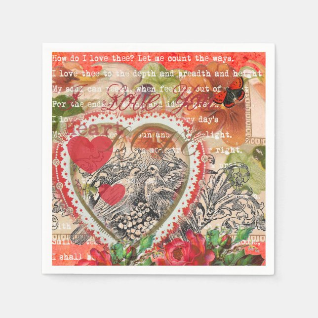Servilleta De Papel Love Birds Heart Red Art Collage (Anverso)