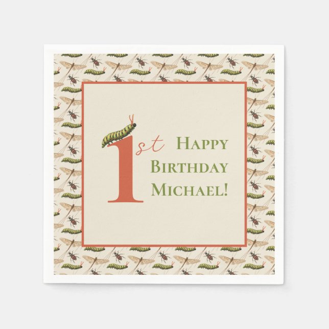 Servilleta De Papel Love Bug Insect Custom Name 1º cumpleaños (Anverso)