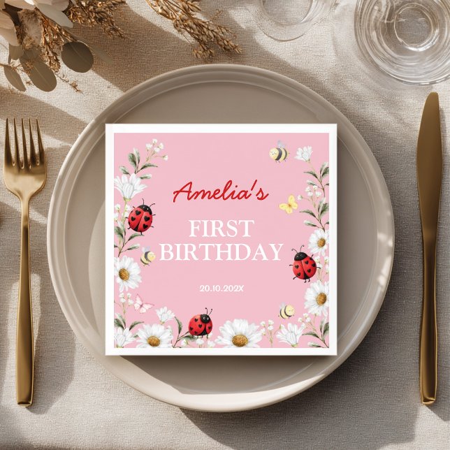 Servilleta De Papel Love Bug Ladybug Daisy Floral Birthday Party (Subido por el creador)