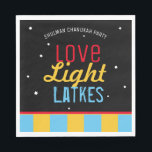 Servilleta De Papel Love Light Latkes Black Hanukkah Funny Cita<br><div class="desc">Love Light Latkes Black Hanukkah Funny Quote Paper napkins will brighten up your family Hanukkah Party! This colorful, humorous saying really stands out on the black starry-night background. Sure to make friends & Family smile. Includes space for your name or message. If you would like to see a variation of...</div>