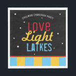 Servilleta De Papel Love Light Latkes Black Hanukkah Funny Cita<br><div class="desc">Love Light Latkes Black Hanukkah Funny Quote Paper napkins will brighten up your family Hanukkah Party! This colorful, humorous saying really stands out on the black starry-night background. Sure to make friends & Family smile. Includes space for your name or message. If you would like to see a variation of...</div>