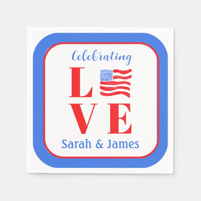 Servilleta De Papel LOVE Watercolor American Flag NAME Bridal  (Anverso)