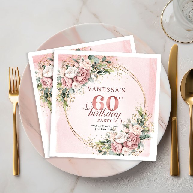 Servilleta De Papel Lovely Boho Rose Gold Floral 60th Birthday Napkins (Lovely Boho Rose Gold Floral 60th Birthday Napkins)