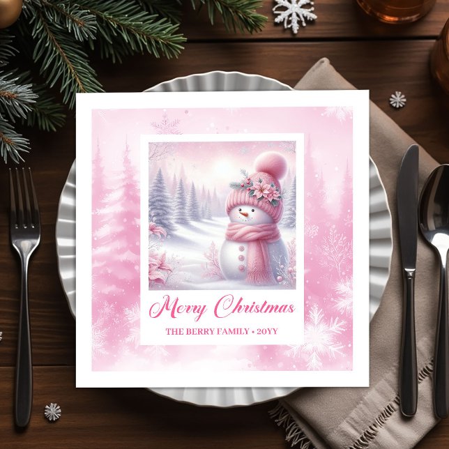 Servilleta De Papel Lovely Pink Snowman Winter Scene Christmas Napkins (Lovely Pink Snowman Winter Scene Christmas Napkins Kids)