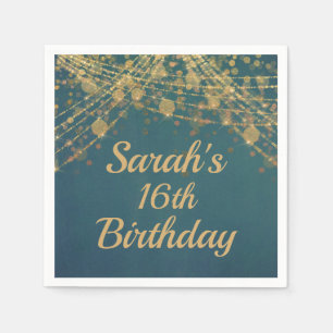 Servilleta De Papel Luces de Cadena Doradas Teal para Cumpleaños 16