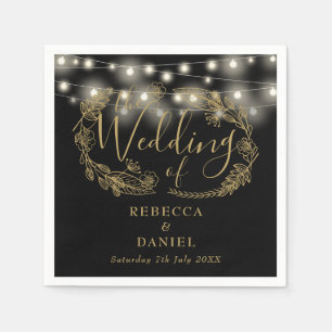 Servilleta De Papel Luces de Cadena Floral Negras y Doradas Boda