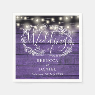Servilleta De Papel Luces de Cadena Floral Rústico Morado Madera Boda