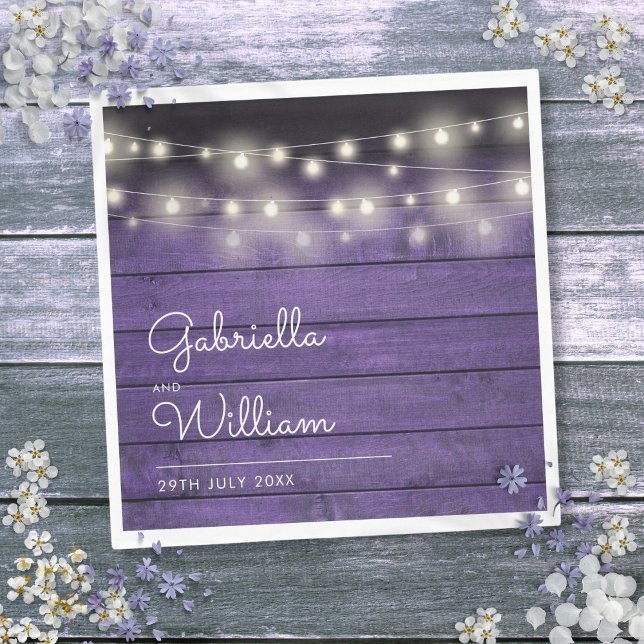 Servilleta De Papel Luces de Cadena Rústico Morado Madera Elegante Let (String Lights Rustic Purple Wood Elegant Script Napkins)