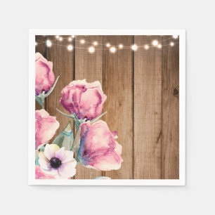 Servilleta De Papel Luces de Cadena y Flores Campestres Madera Rústica