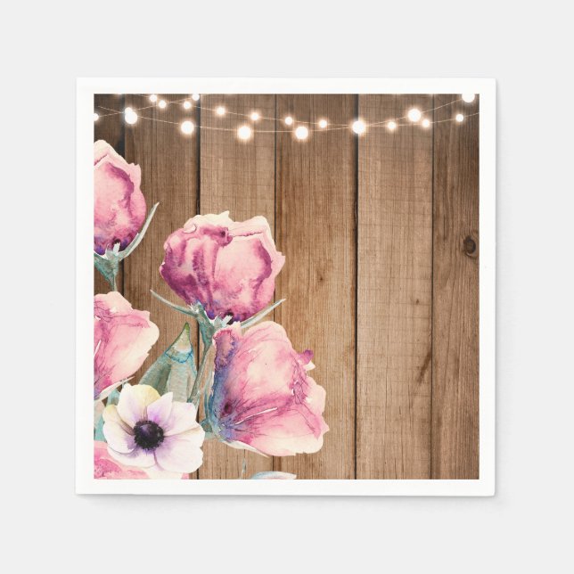 Servilleta De Papel Luces de Cadena y Flores Campestres Madera Rústica (Anverso)