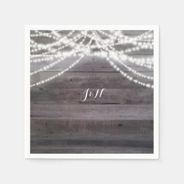 Servilleta De Papel Luces de cuerda blancas y boda de madera rústica (Anverso)