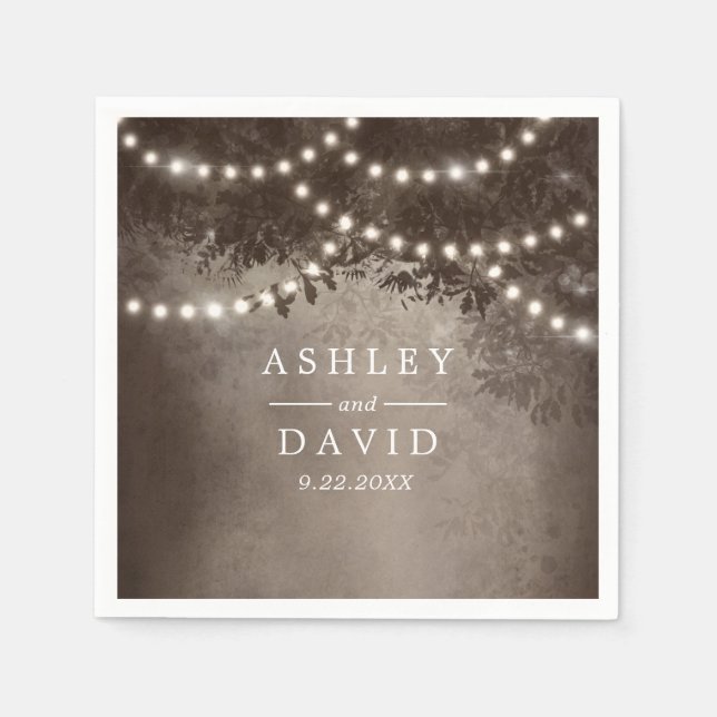 Servilleta De Papel Luces de Cuerda de Árbol Rústico Marrón para Boda  (Anverso)