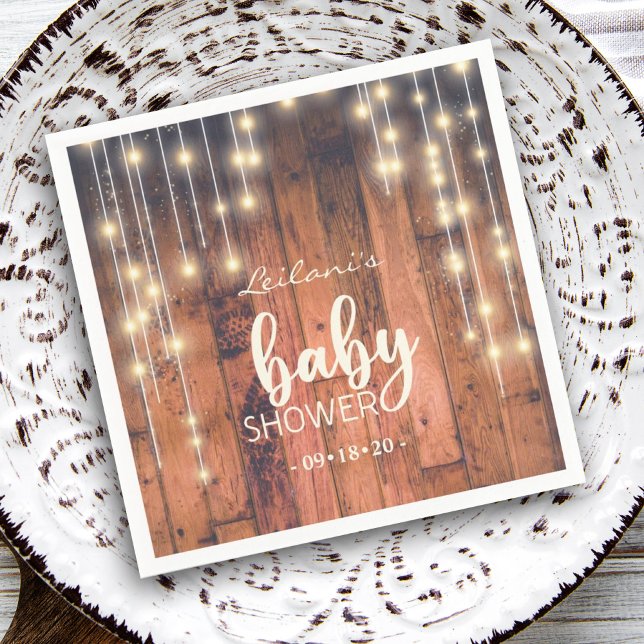Servilleta De Papel Luces de Cuerda de Madera de Granero Rústico para  (Rustic wood string lights baby shower napkin is a perfect touch to your celebration.)