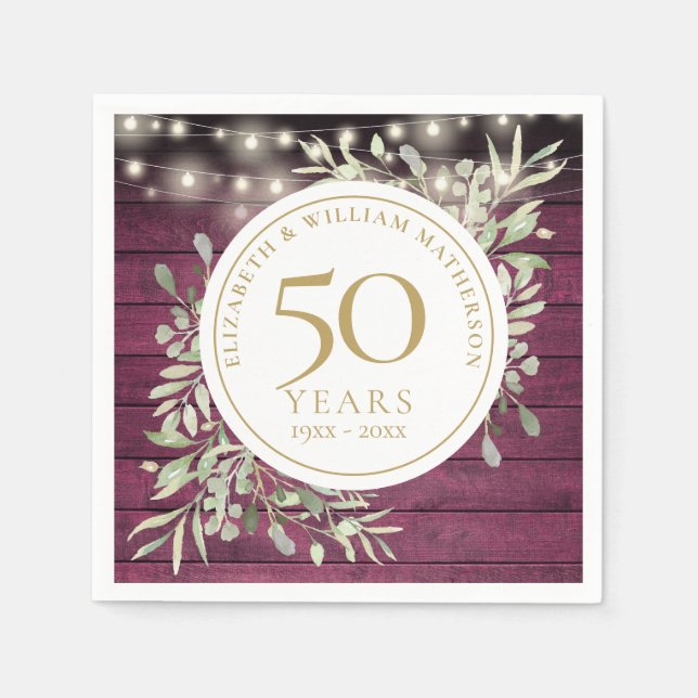Servilleta De Papel Luces de Cuerda de Madera Rojo Follaje Aniversario (Anverso)
