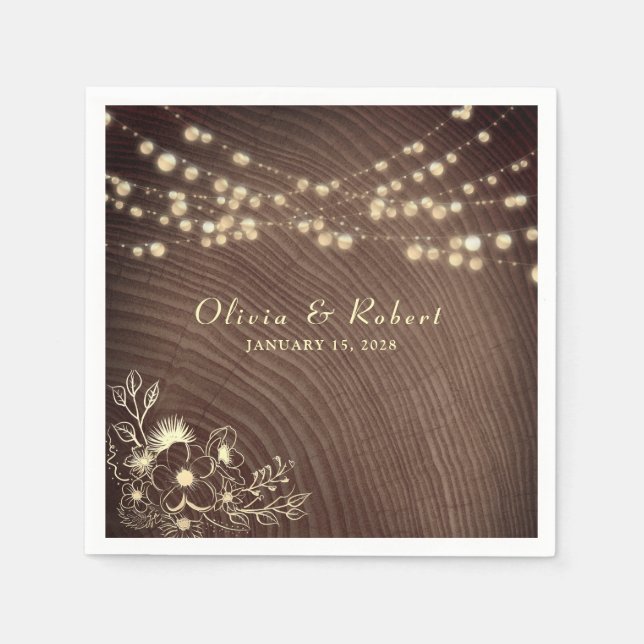 Servilleta De Papel Luces de Cuerda de Madera Rústica Boda (Anverso)