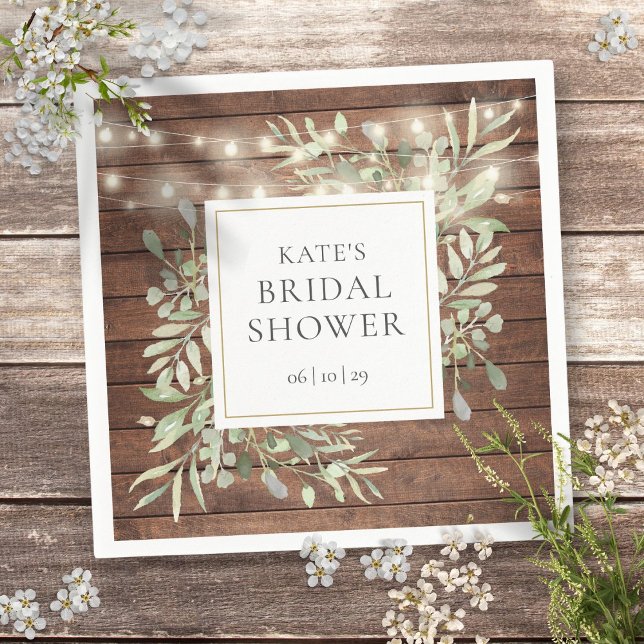 Servilleta De Papel Luces de Cuerda de Madera Rústica con Verde (Greenery Rustic Wood String Lights Bridal Shower Napkins)