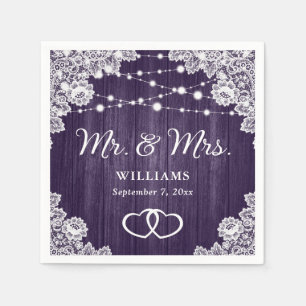 Servilleta De Papel Luces de Cuerda de Madera Rústica Morada para Boda