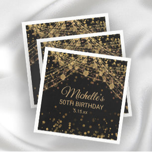 Servilleta De Papel Luces de Cuerda de Oro Negro Cumpleaños Adulto
