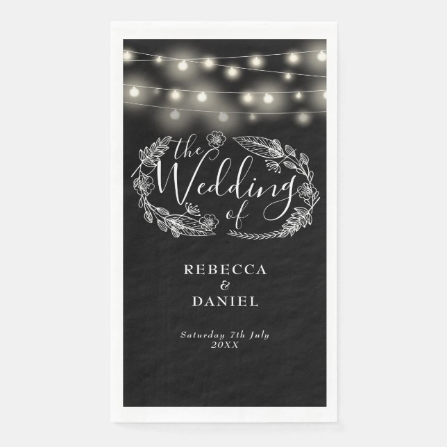 Servilleta De Papel Luces de Cuerda en Blanco y Negro para Boda Floral (Anverso)