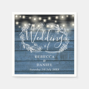 Servilleta De Papel Luces de Cuerda Floral Rústico Azul Madera Boda