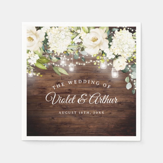 Servilleta De Papel Luces de Cuerda Florales Rústicas Boda (Anverso)