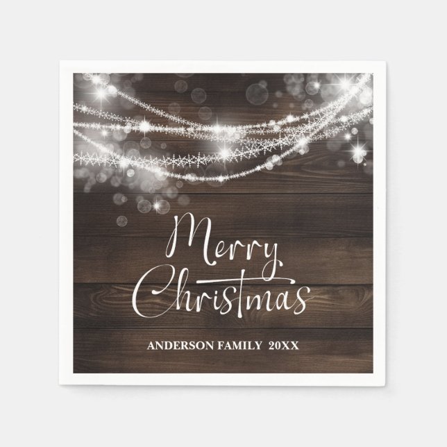 Servilleta De Papel Luces de Cuerda Rústicas de Madera Navidad (Anverso)
