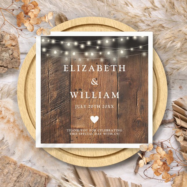 Servilleta De Papel Luces de Cuerdas Rústicas Madera Boho Boda de Gran (String Lights Rustic Wood Boho Barn Wedding Napkins)