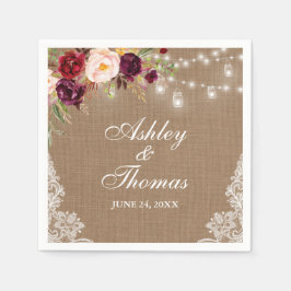 Servilleta De Papel Luces de frasco de arpillera rústica de boda con e