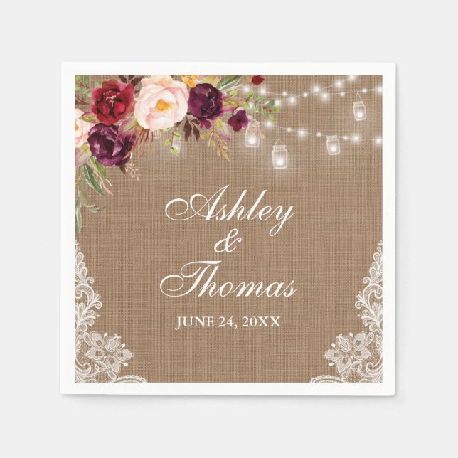 Servilleta De Papel Luces de frasco de arpillera rústica de boda encaj (Anverso)