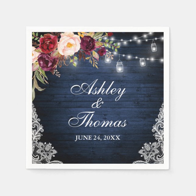 Servilleta De Papel Luces de Jarra de Boda de Madera Azul Rústico con  (Anverso)