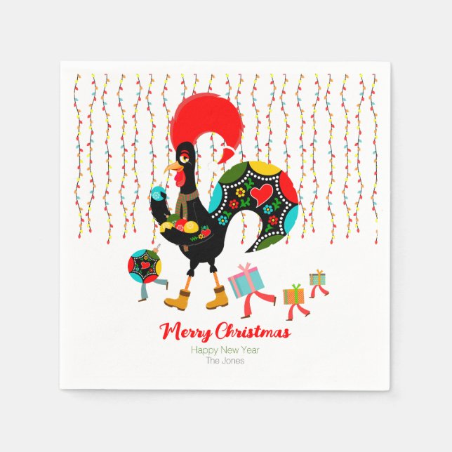 Servilleta De Papel Luces de navidad, baubles, regalos y Rooster (Anverso)