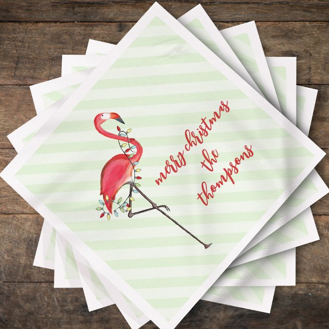 Servilleta De Papel Luces de Navidad Festivas Lindas Flamencos (Cute Christmas Merry and Bright pink flamingo holiday lights.)