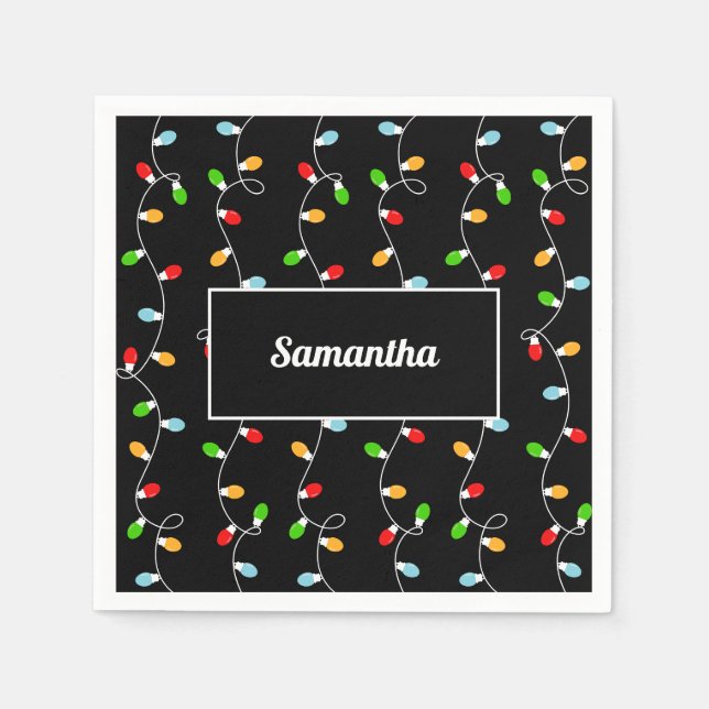 Servilleta De Papel Luces de Navidad Negras Monograma (Anverso)