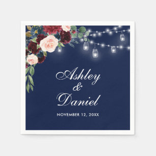 Servilleta De Papel Luces Florales Acuarela Burgundy Azul para Bodas