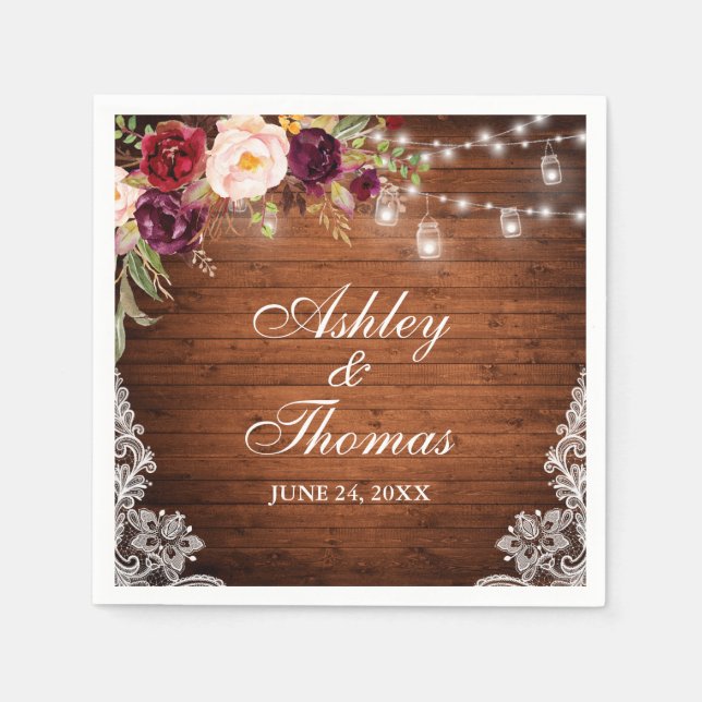 Servilleta De Papel Luces Rústicas de Boda en Frascos de Madera con En (Anverso)