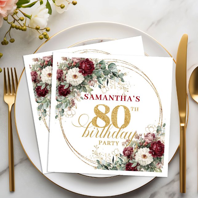 Servilleta De Papel Lujo Boho Borgoña Floral Dorado 80 Cumpleaños (Luxe Boho Burgundy Floral Gold 80th Birthday Napkins)