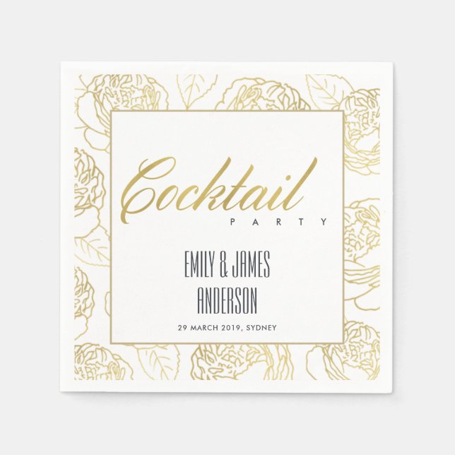 SERVILLETA DE PAPEL LUJO FALSO ORO ROSA FLORAL DE COCTEL ELEGANTE (Anverso)